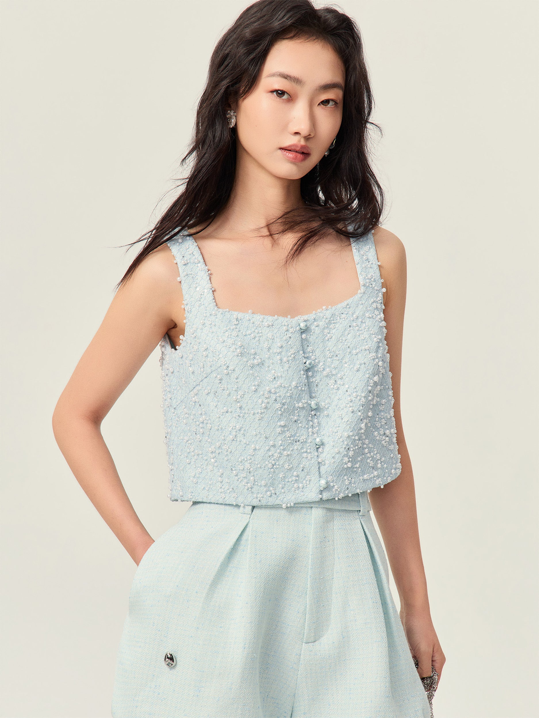 Pearl beaded Lace square-necked vest