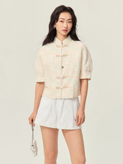 Tweed yarn Chinese short-sleeved Top