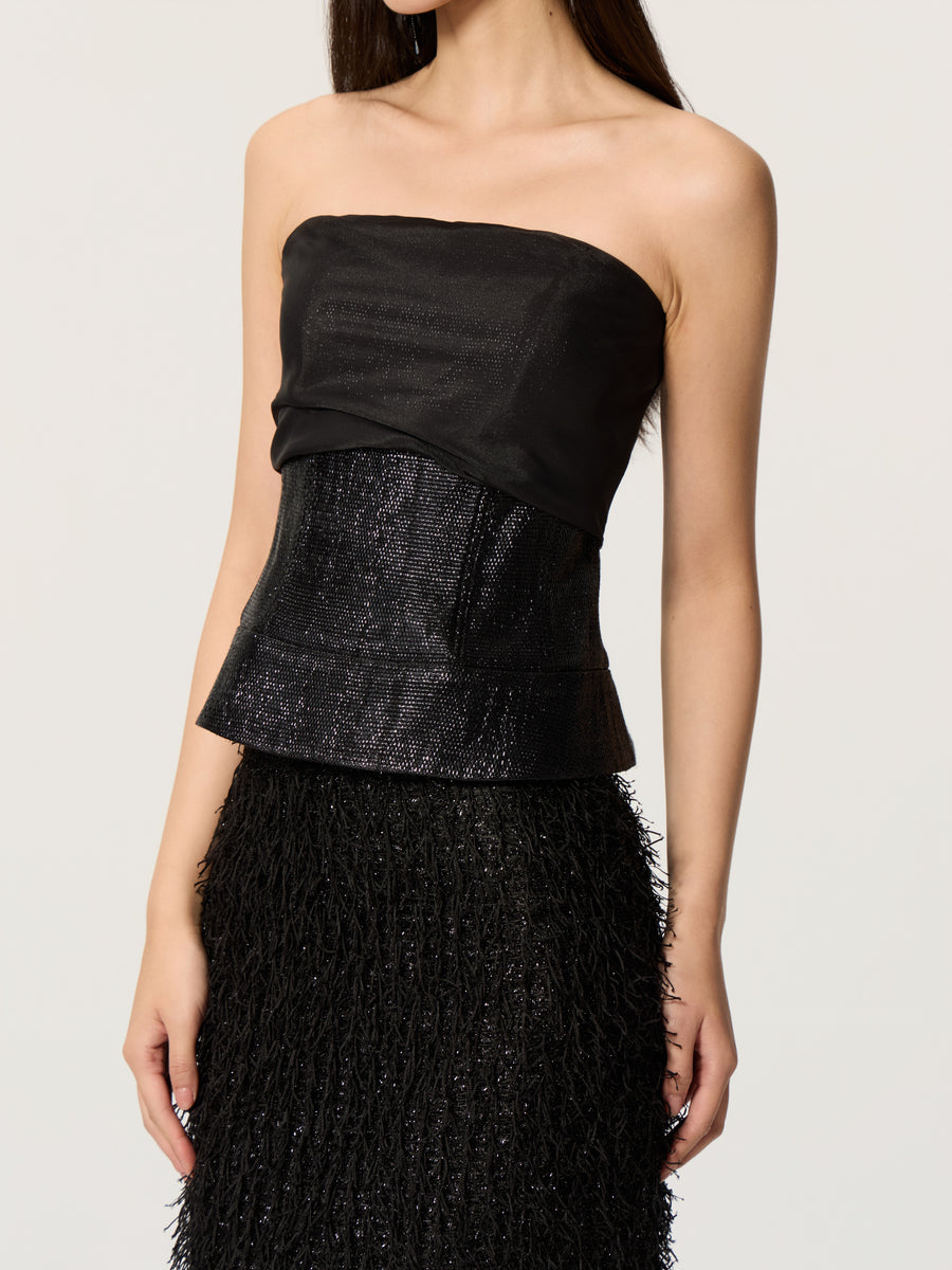 Molan patchwork waist cinched strapless top