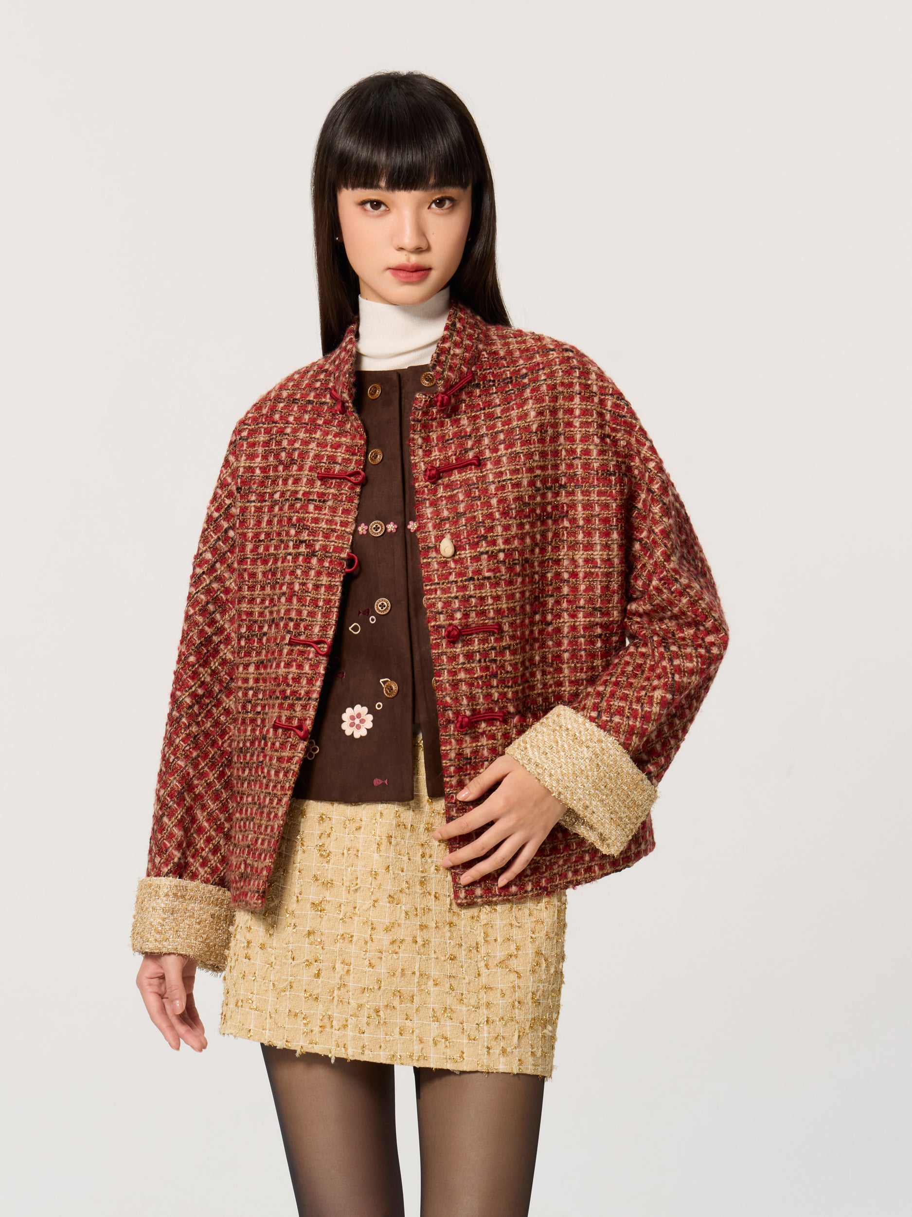 Color-Block Mandarin Collar Tang-Style Top