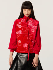 Embroidered red Chinese-style side-slit laced vest coat