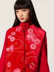 Embroidered red Chinese-style side-slit laced vest coat