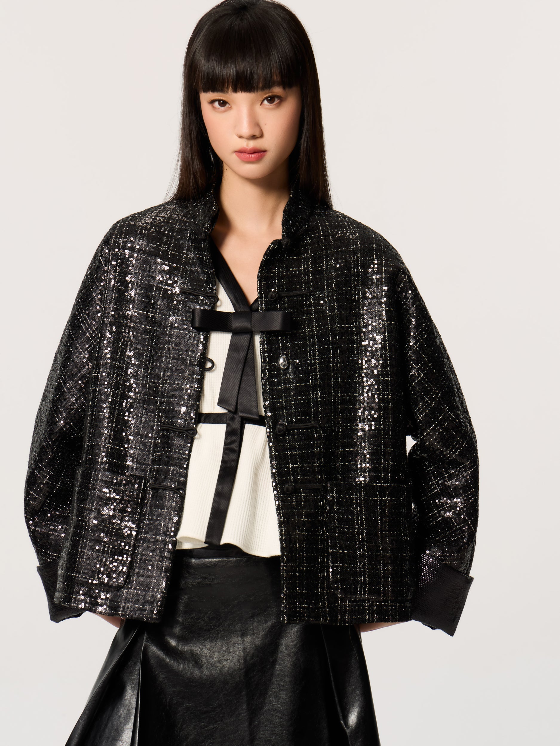 Color-Block Mandarin Collar Tang Suit Blouse