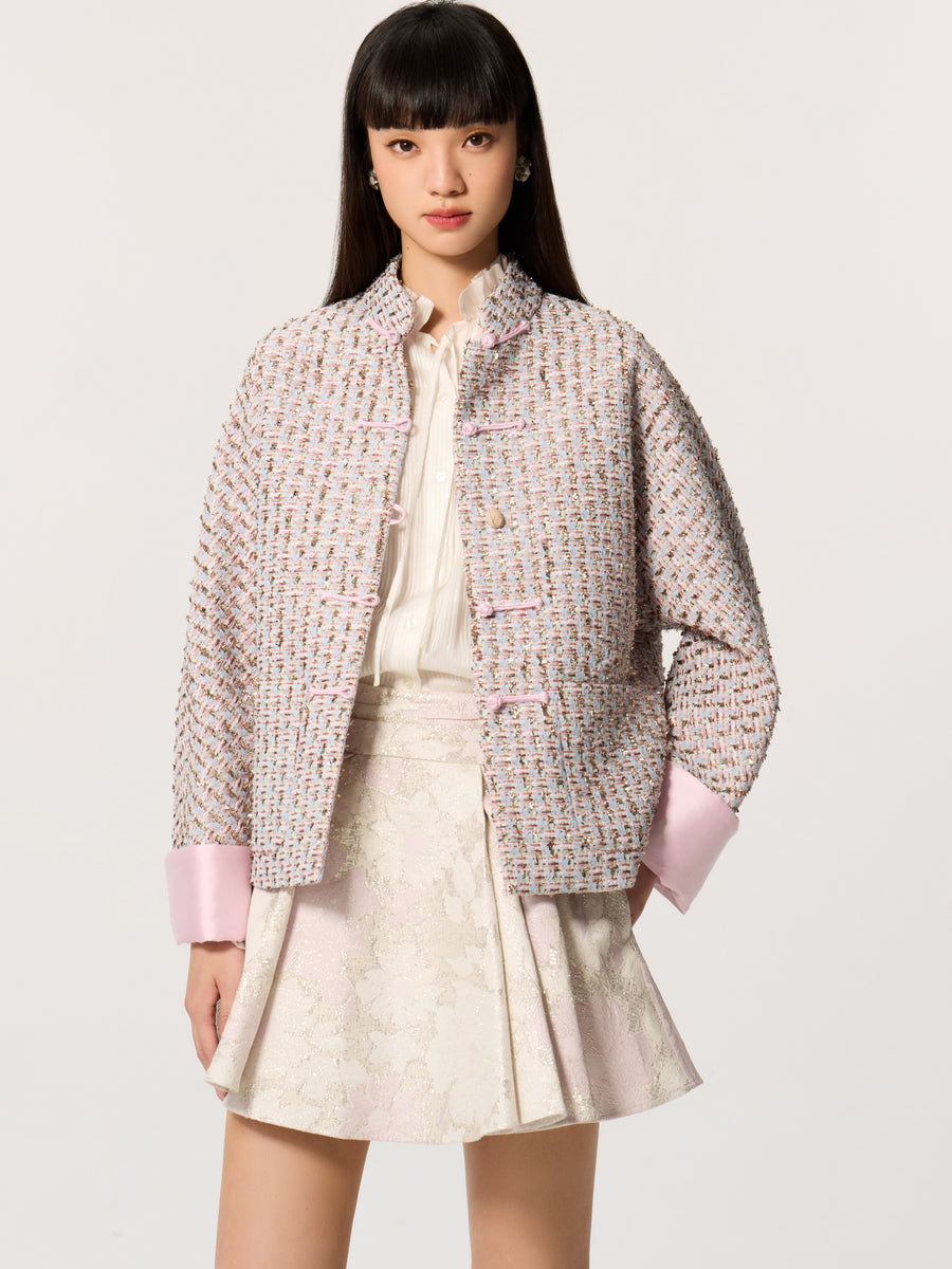 Color-Block Mandarin Collar Tang-Style Top