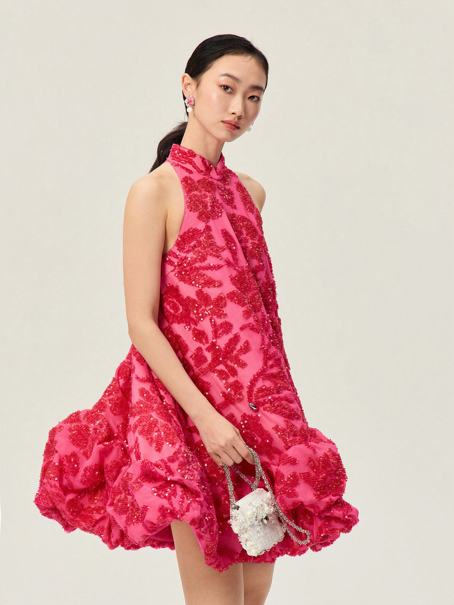Magenta Sequin Dress, Cheongsam Collar Cutout Shoulder Asymmetric Placket Cloud Silhouette