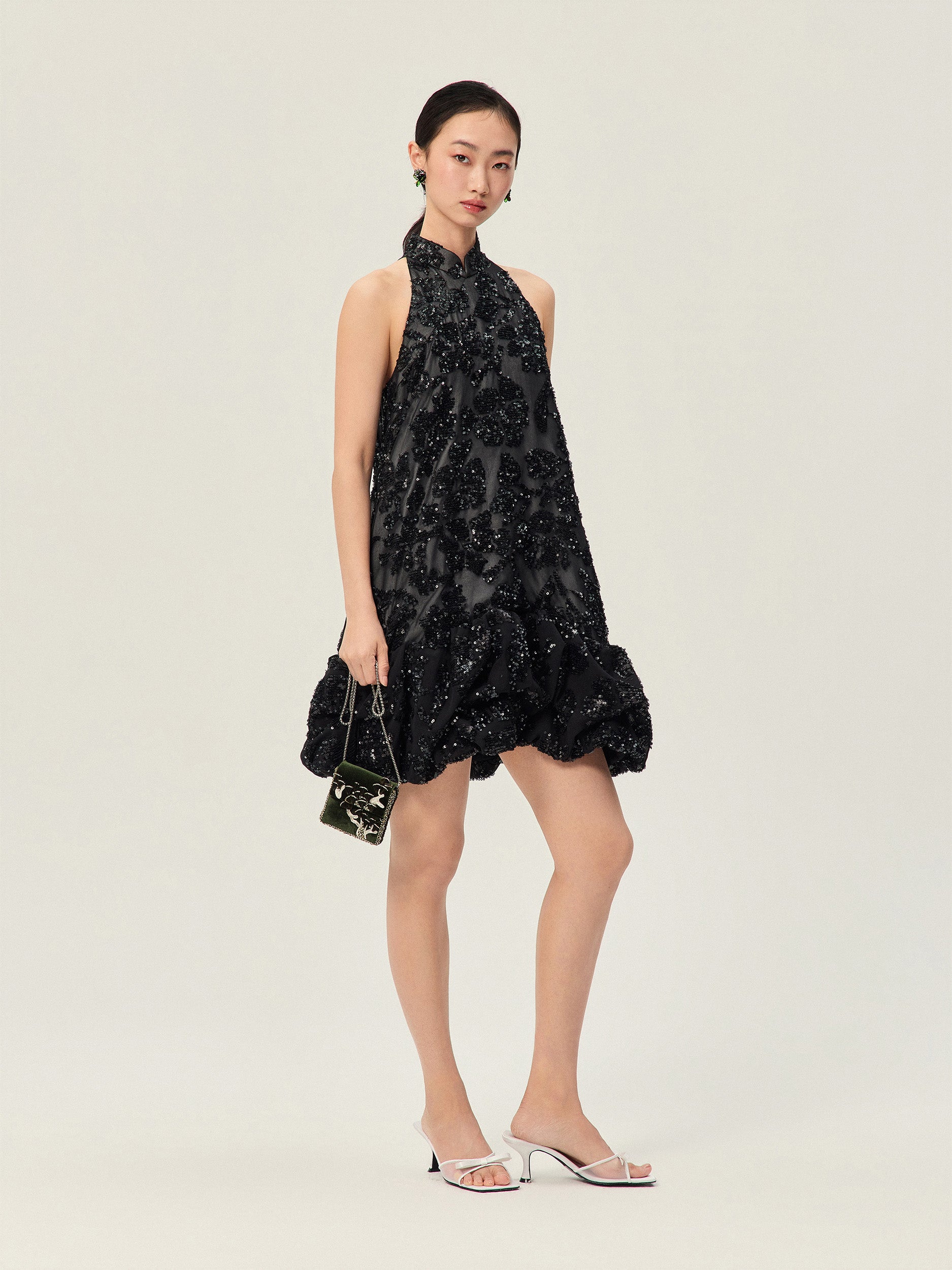 Black Sequin Dress, Cheongsam Collar Cutout Shoulder Asymmetric Placket Cloud Silhouette