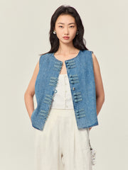 Denim vest with Chinese-style button